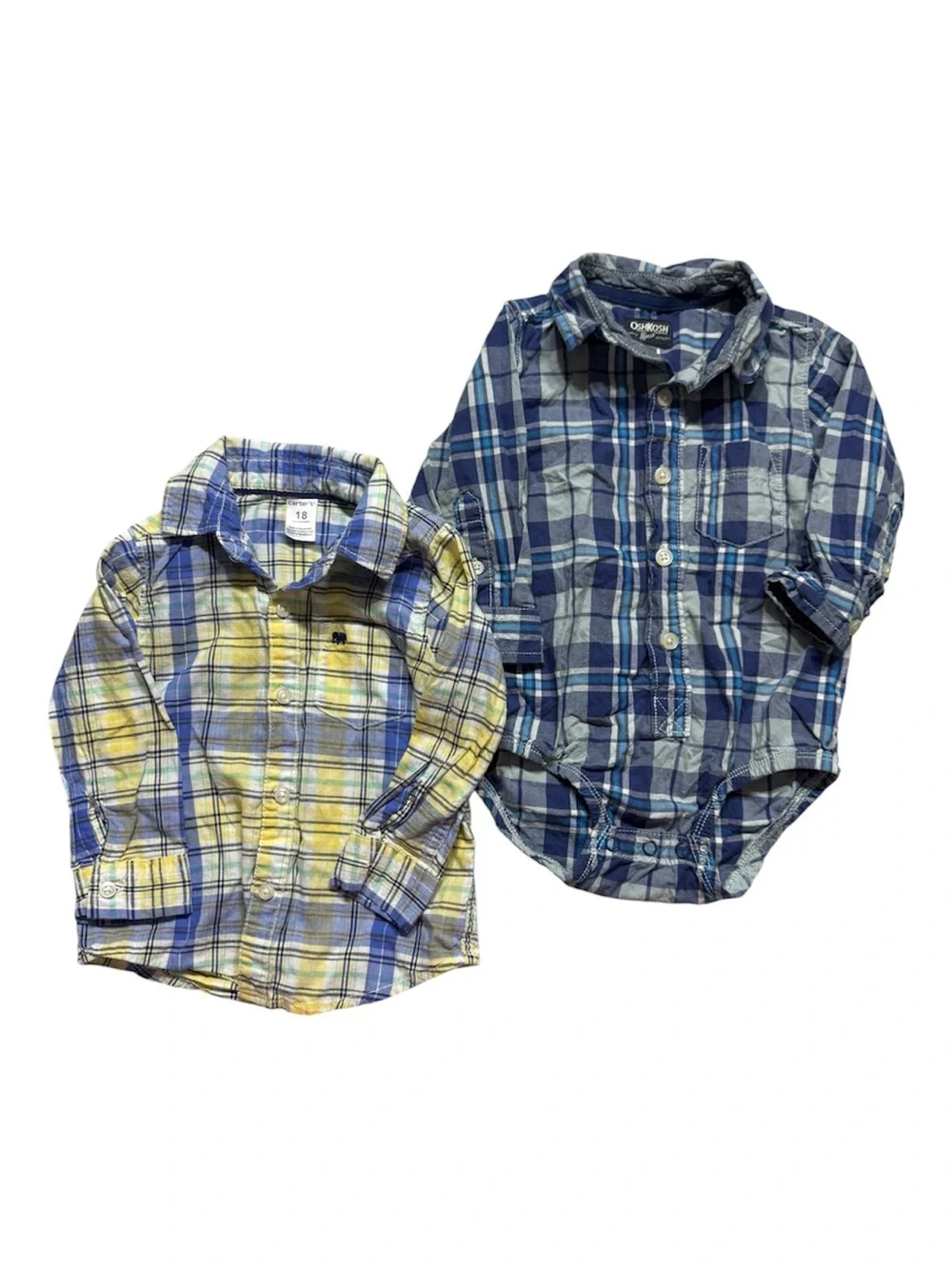 OshKosh B'gosh Blue Plaid Long-Sleeve Baby Bodysuit Shirts Bundle Size 18 Months